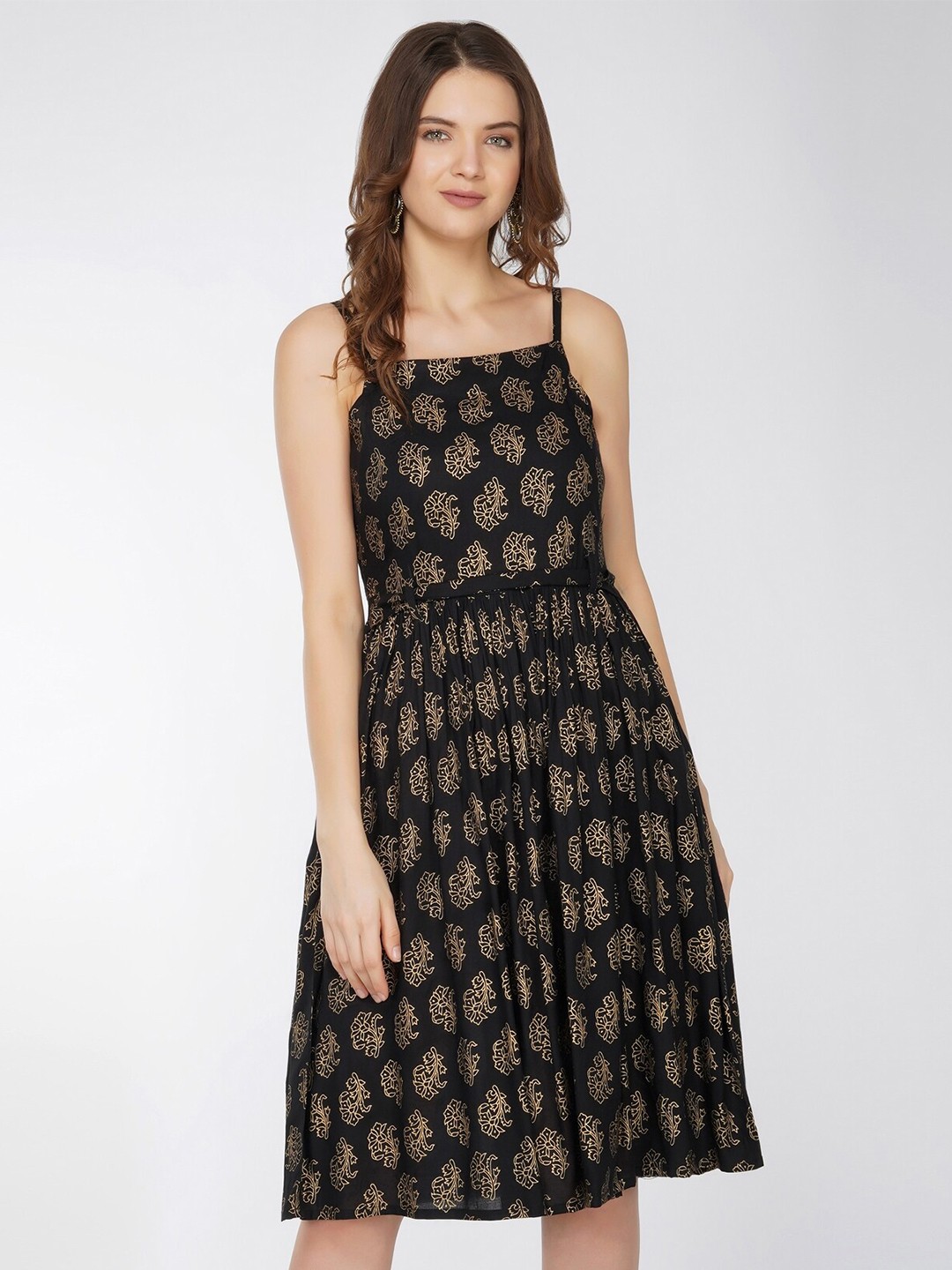 

METRO-FASHION Floral Printed Shoulder Strap Fit & Flare Dress, Black
