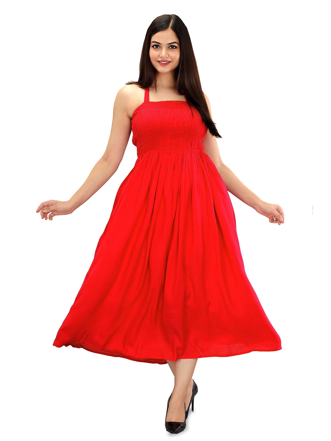 

METRO-FASHION Halter Neck Smocked Fit And Flare Midi Dress, Red