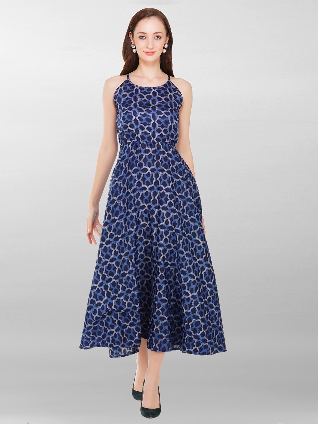 

METRO-FASHION Geometric Printed Shoulder Straps Fit & Flare Midi Dress, Navy blue