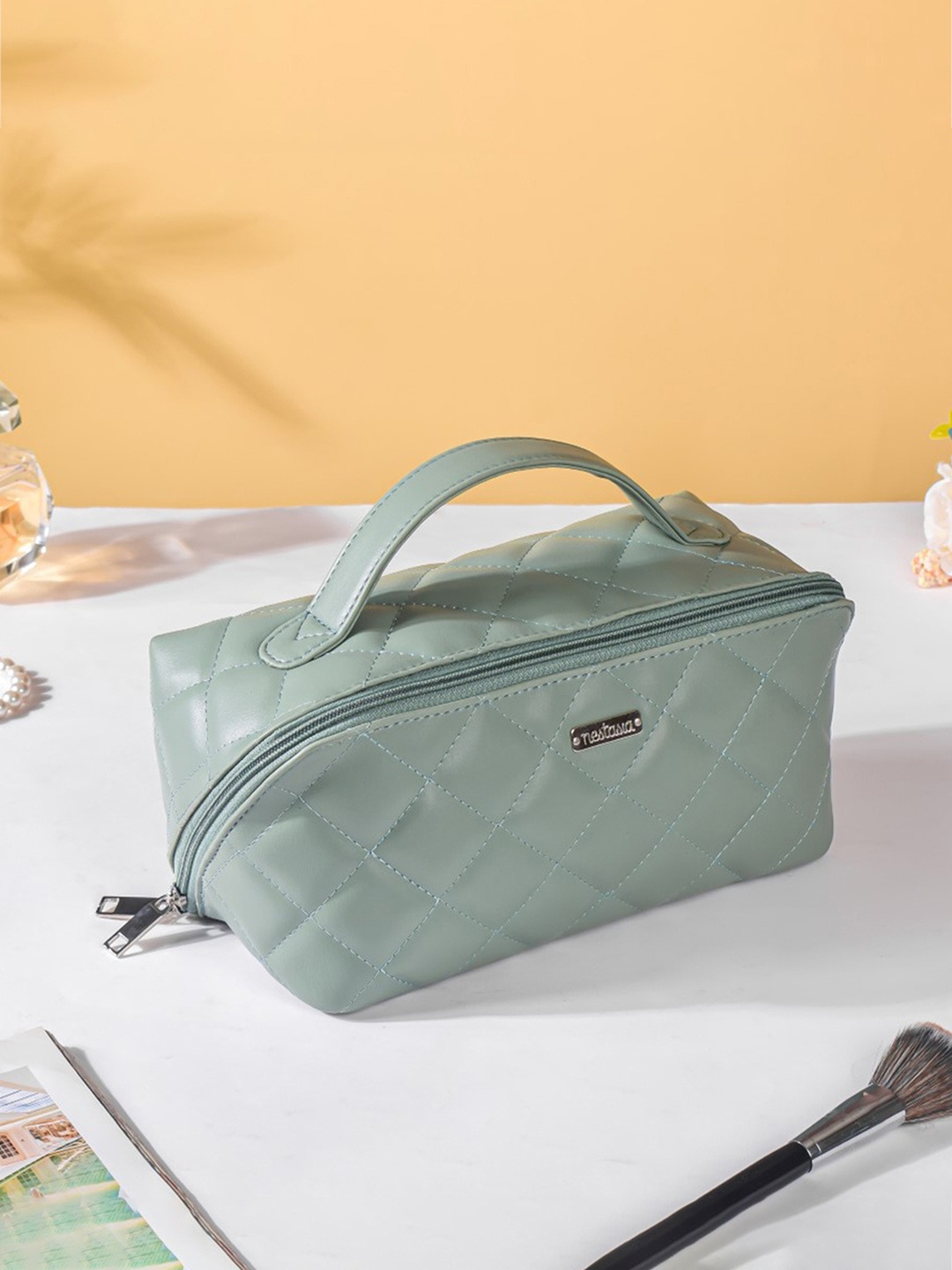 

Nestasia Green Self-Design Vegan Leather Makeup Bag