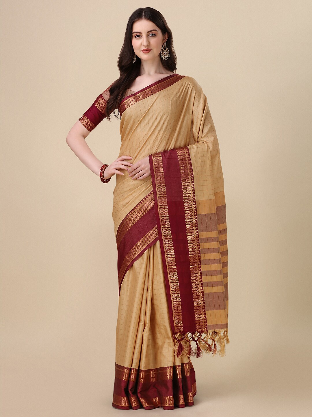 

KALINI Checked Zari Mysore Silk Saree, Beige