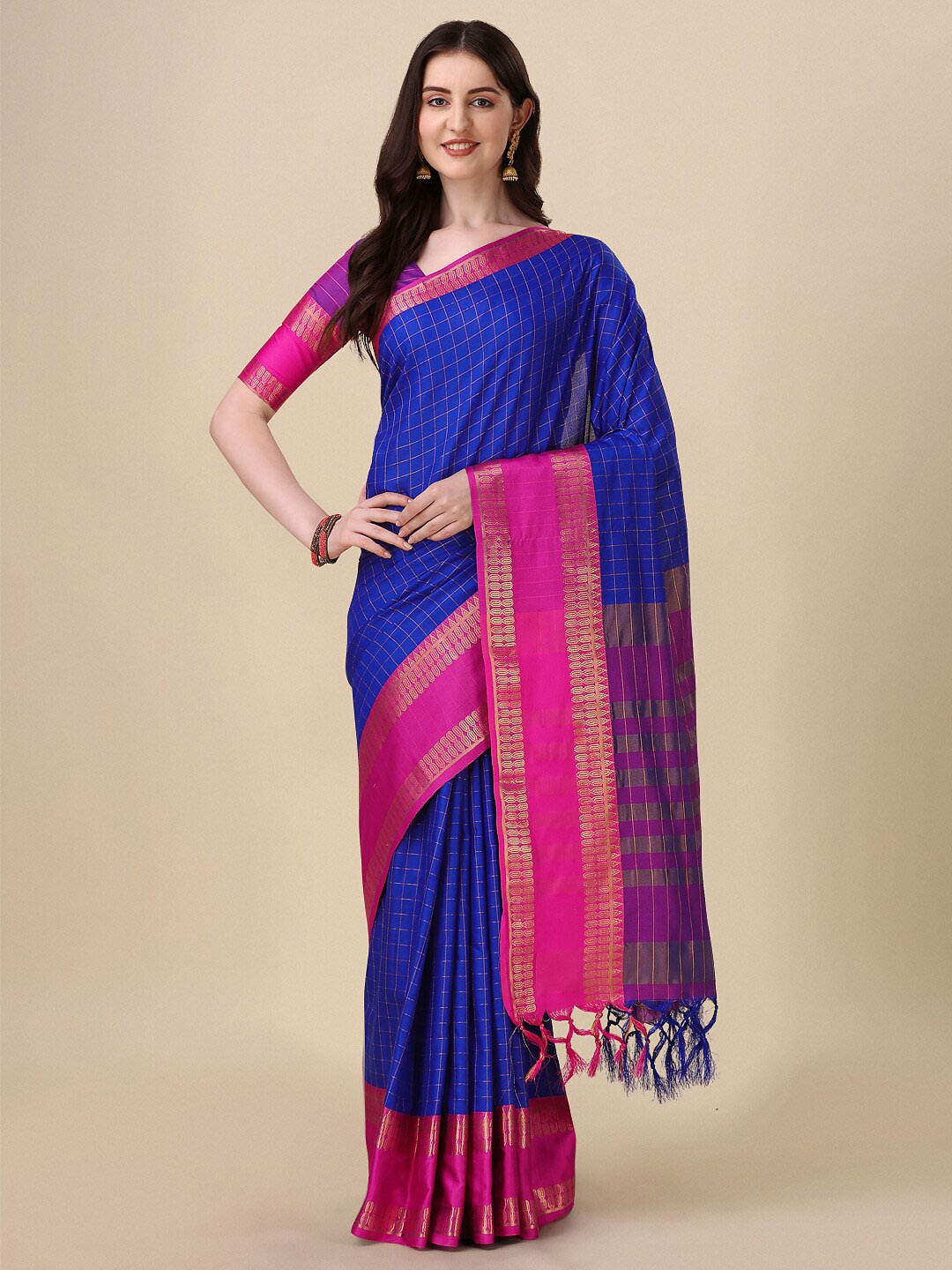 

KALINI Checked Woven Design Zari Mysore Silk Saree, Blue