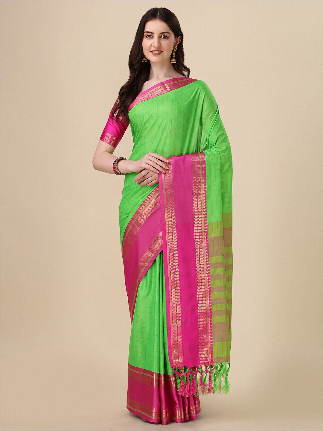 

KALINI Checked Zari Mysore Silk Saree, Green