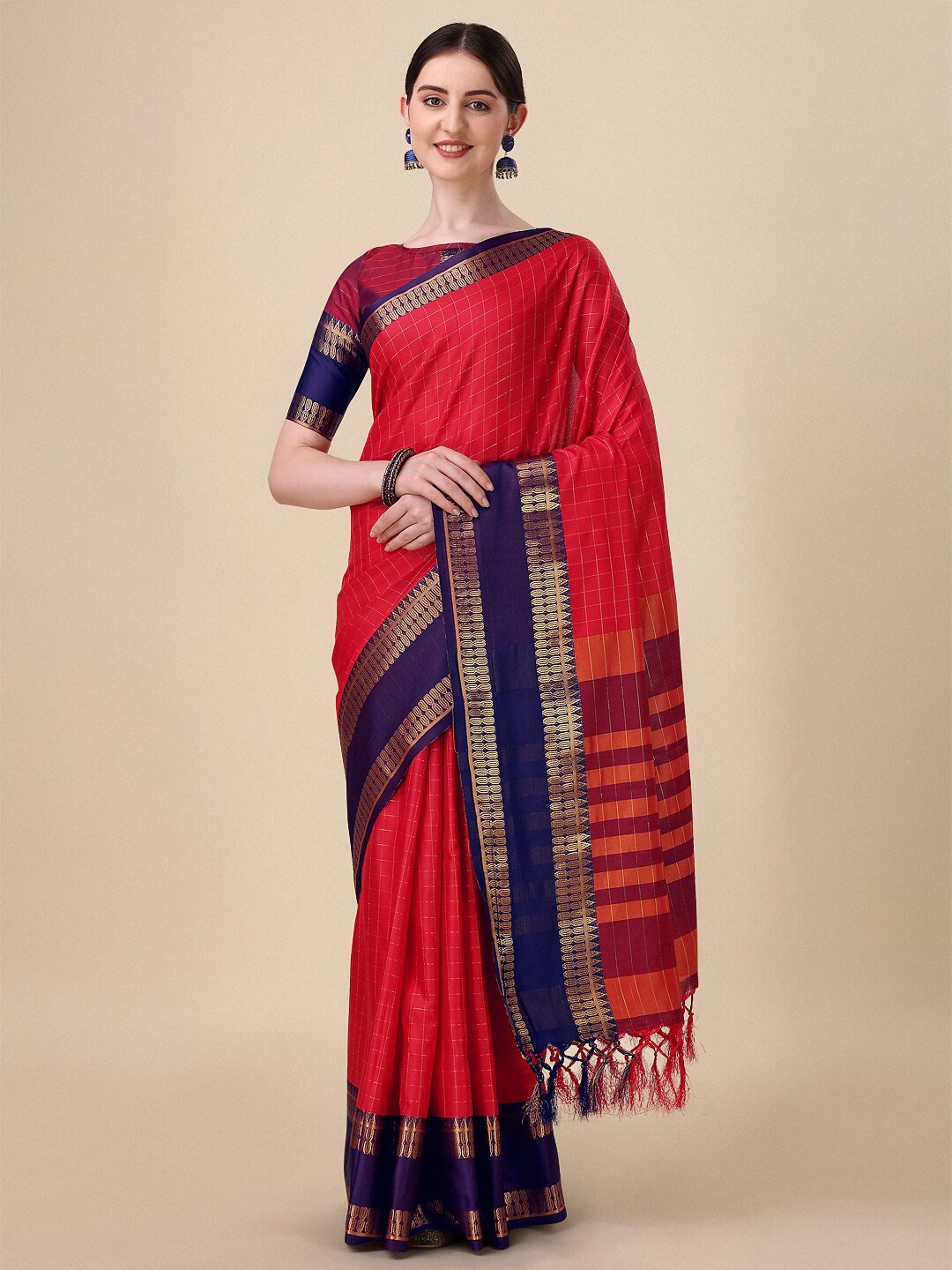 

KALINI Checked Zari Mysore Silk Saree, Red