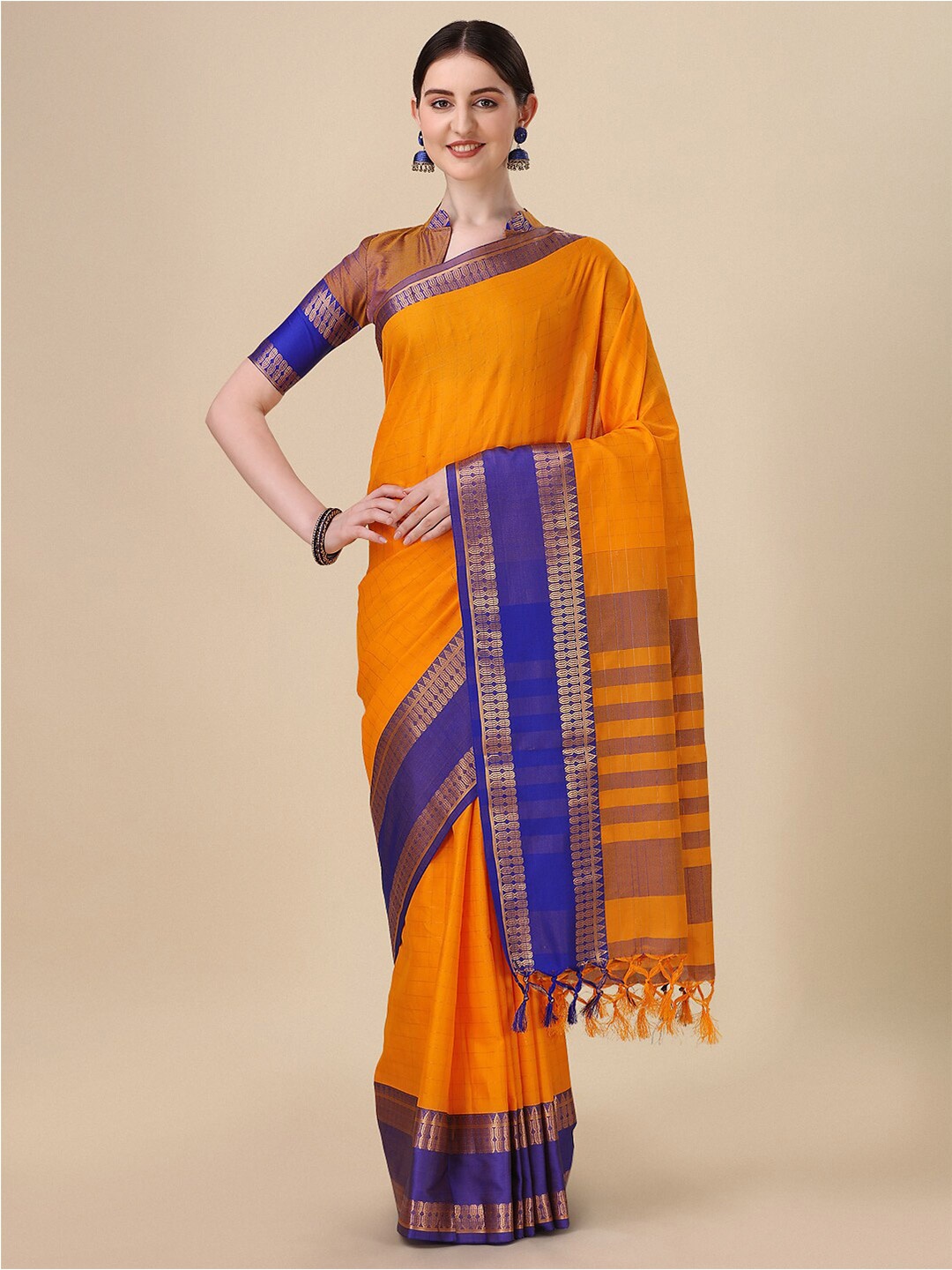 

KALINI Checked Woven Design Zari Mysore Silk Saree, Orange
