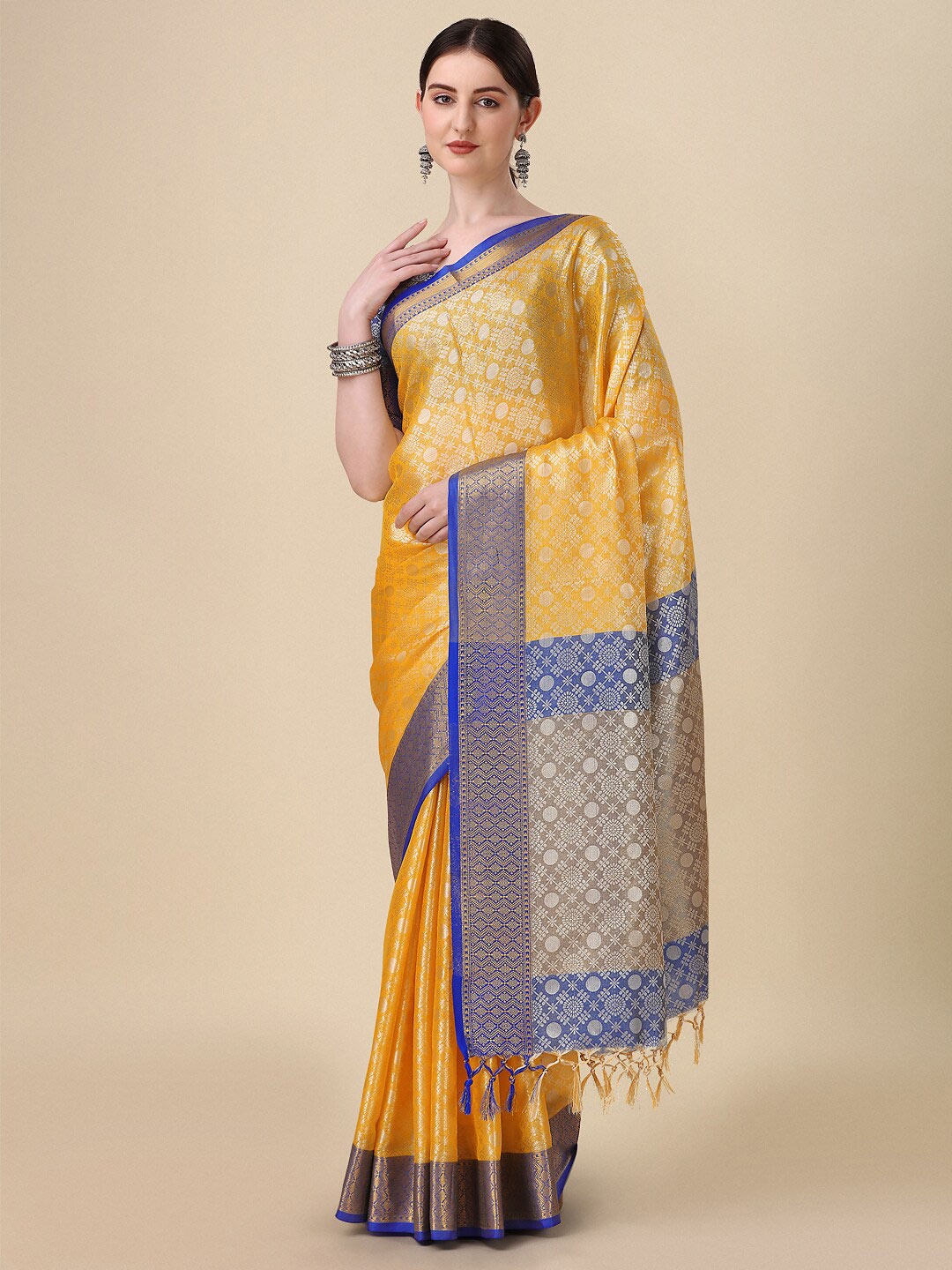 

KALINI Geometric Woven Design Zari Mysore Silk Saree, Yellow