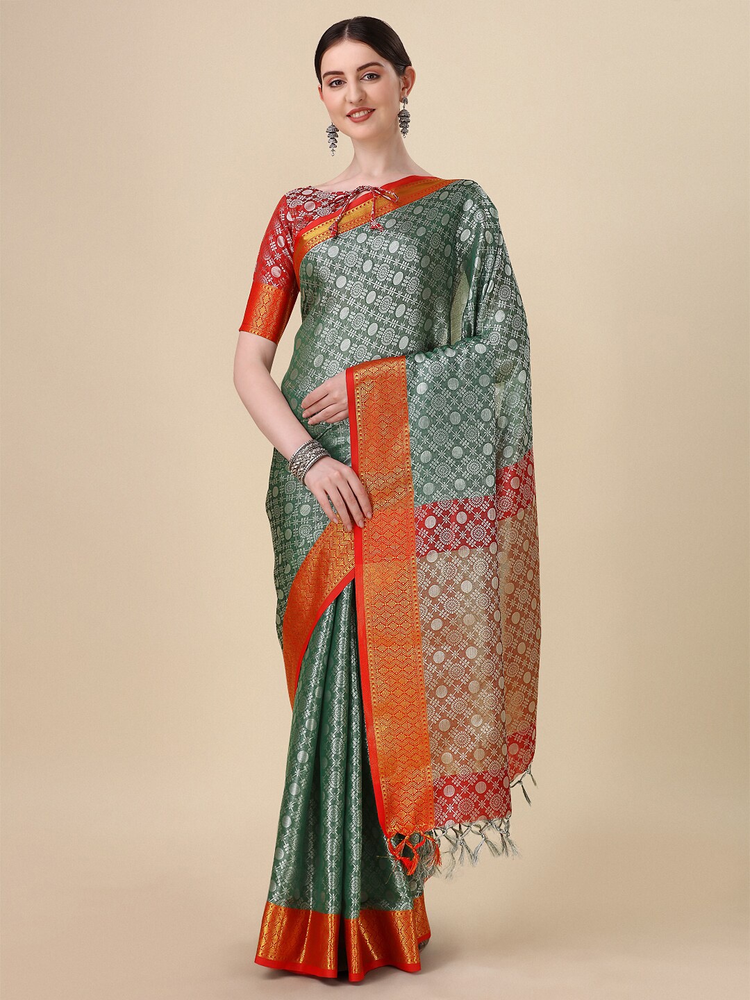 

KALINI Geometric Woven Design Zari Silk Cotton Mysore Silk Saree, Green