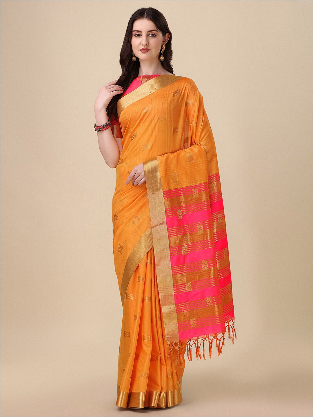 

KALINI Geometric Woven Design Zari Silk Cotton Mysore Silk Saree, Mustard