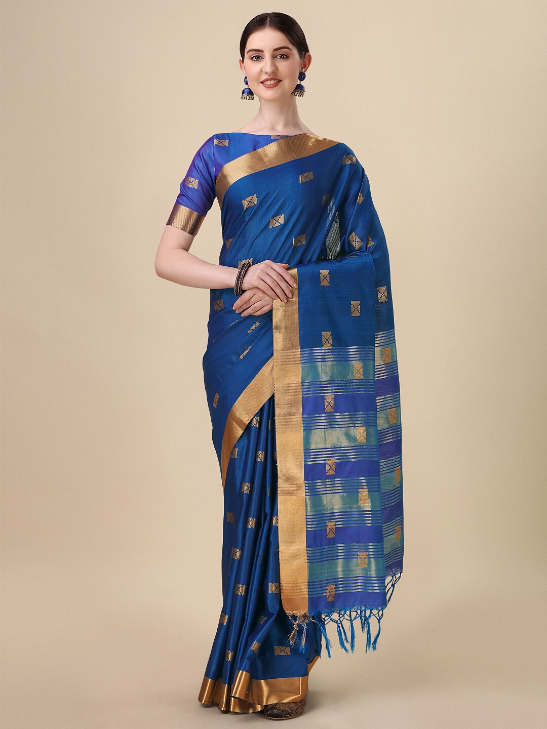 

KALINI Geometric Woven Design Zari Mysore Silk Saree, Blue