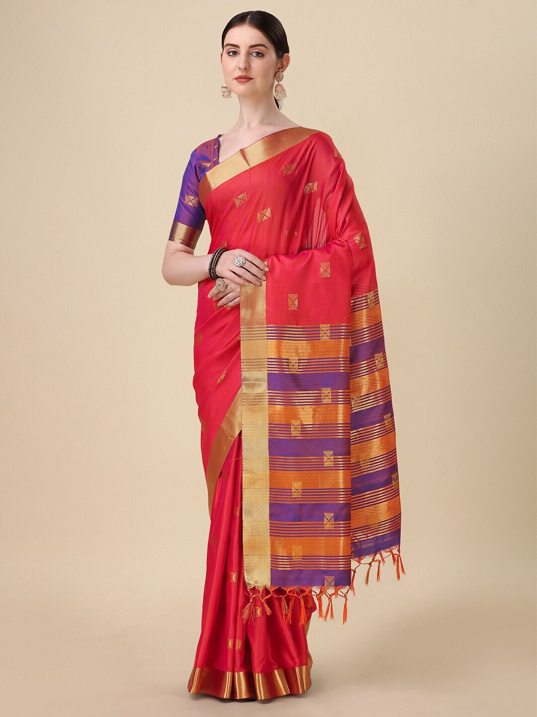 

KALINI Geometric Woven Design Zari Mysore Silk Saree, Red