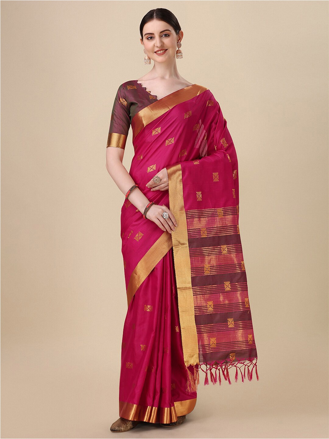 

KALINI Geometric Woven Design Zari Silk Cotton Mysore Silk Saree, Pink