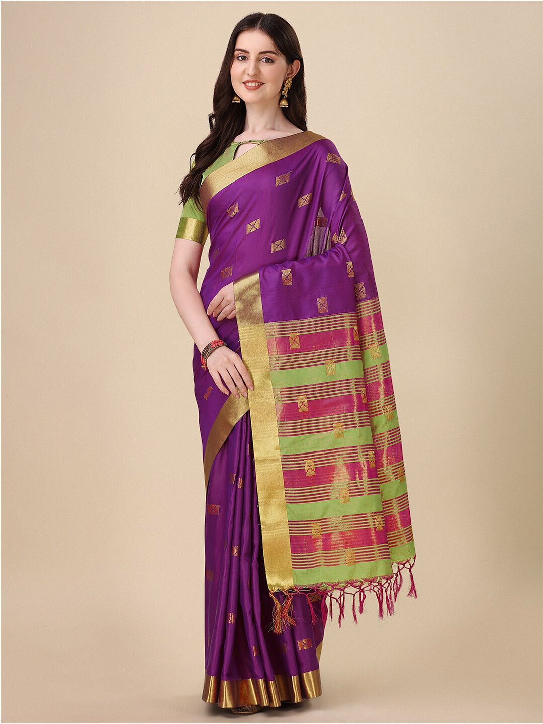 

KALINI Geometric Woven Design Zari Mysore Silk Saree, Purple