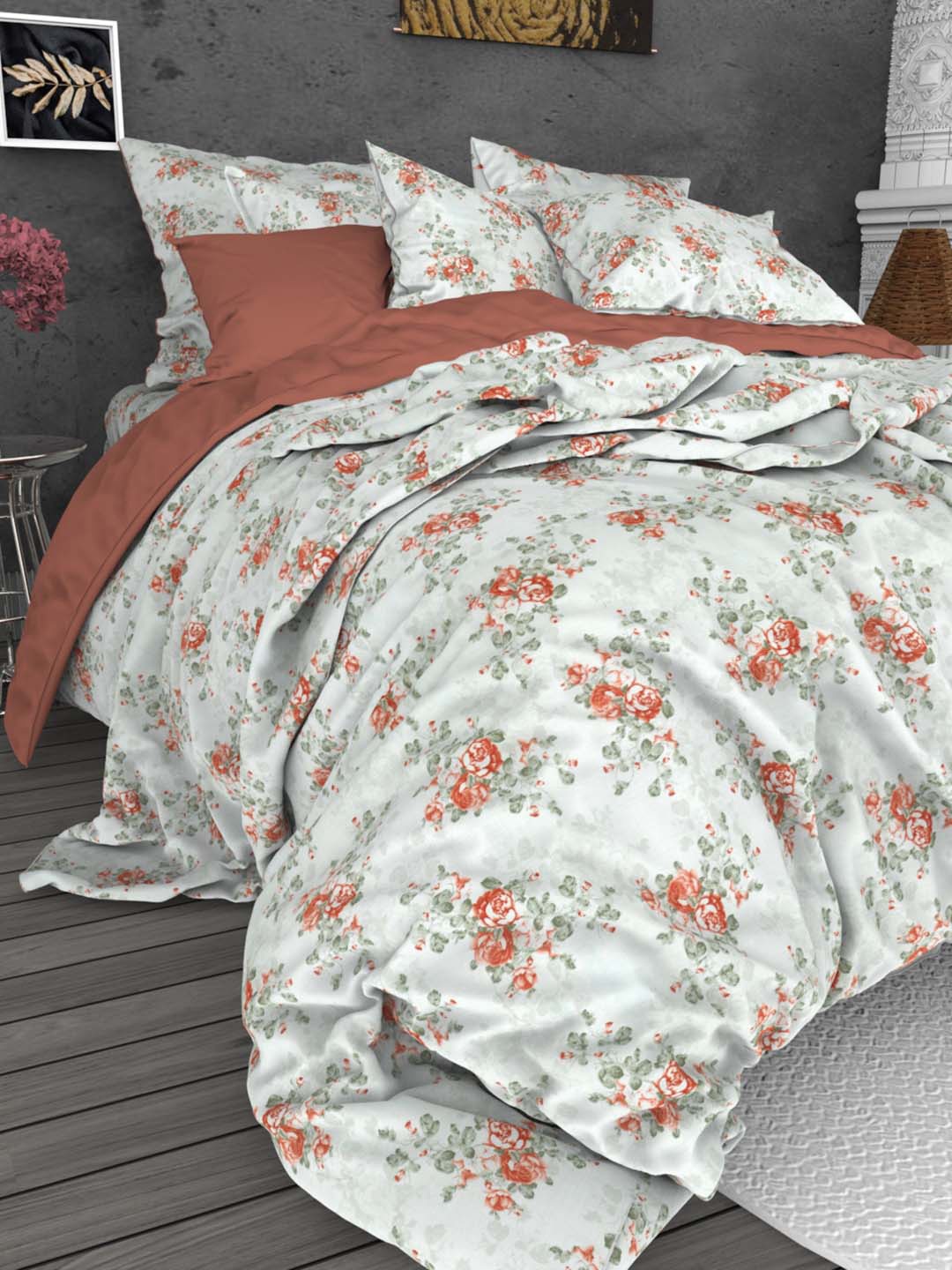 

THE WHITE MOSS Marc White & Red 220 TC Pure Cotton Queen Bedsheet with 2 Pillow Covers