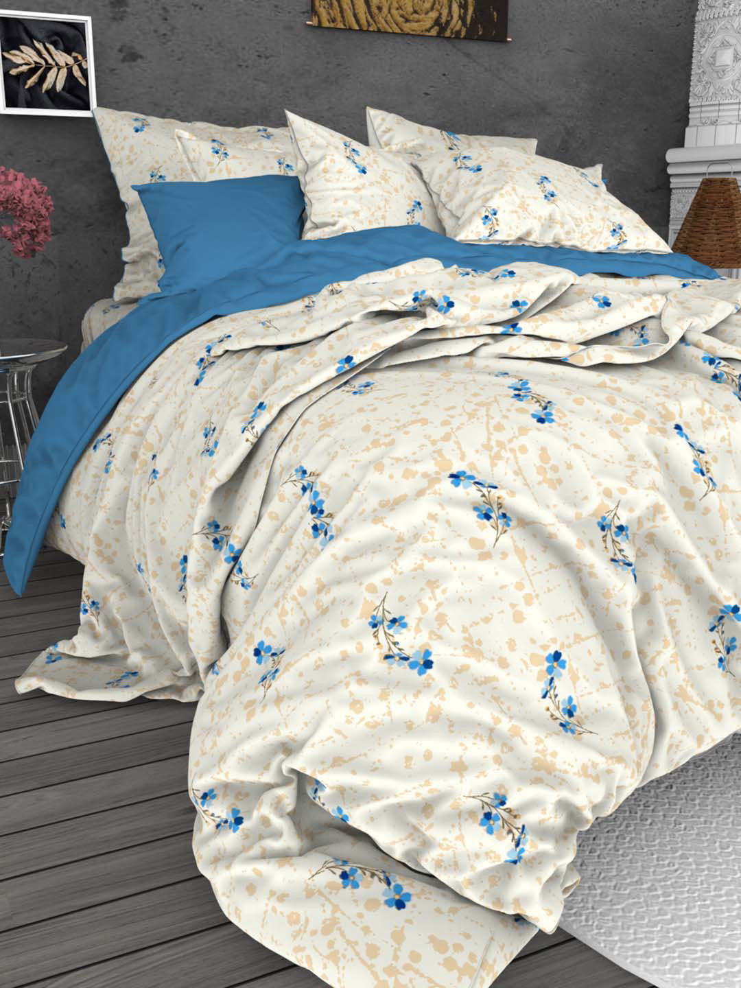 

THE WHITE MOSS Marc White & Blue 220 TC Pure Cotton Queen Bedsheet with 2 Pillow Covers