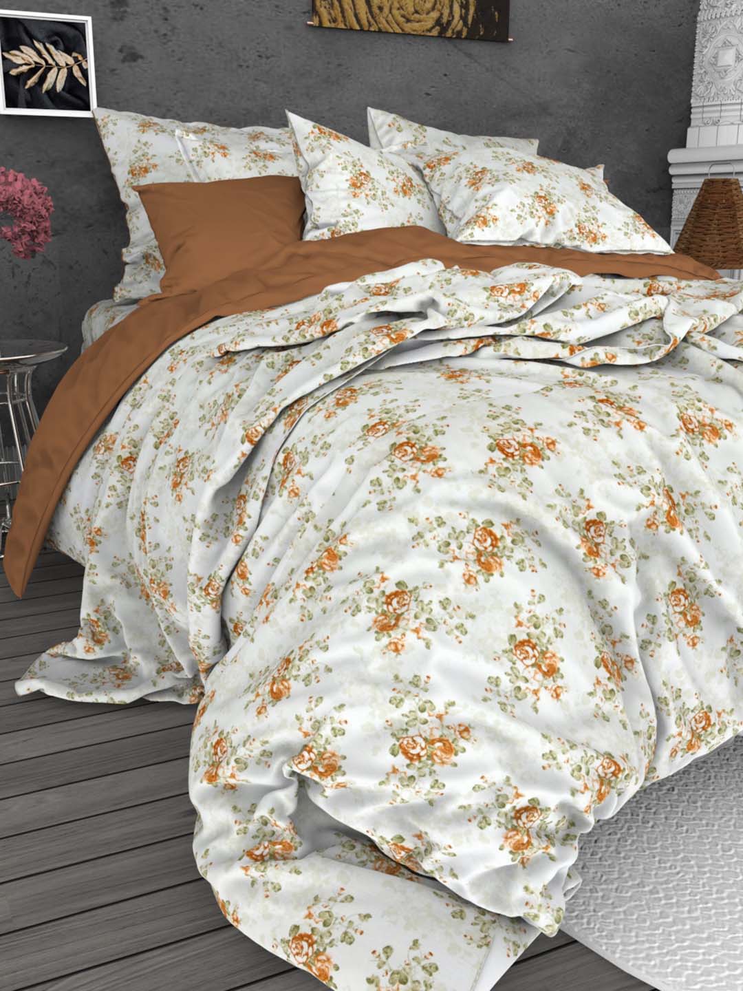 

THE WHITE MOSS Marc White & Orange 220 TC Cotton Queen Bedsheet with 2 Pillow Covers