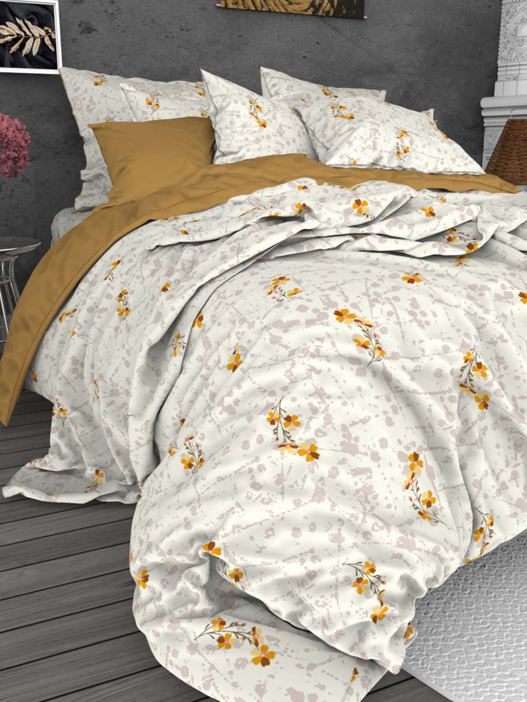 

THE WHITE MOSS Marc White & Grey 220 TC Pure Cotton Queen Bedsheet with 2 Pillow Covers