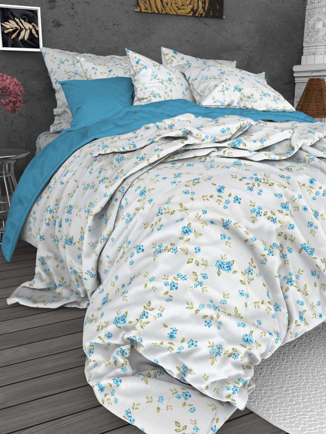 

THE WHITE MOSS Marc White & Blue 220 TC Pure Cotton Queen Bedsheet with 2 Pillow Covers