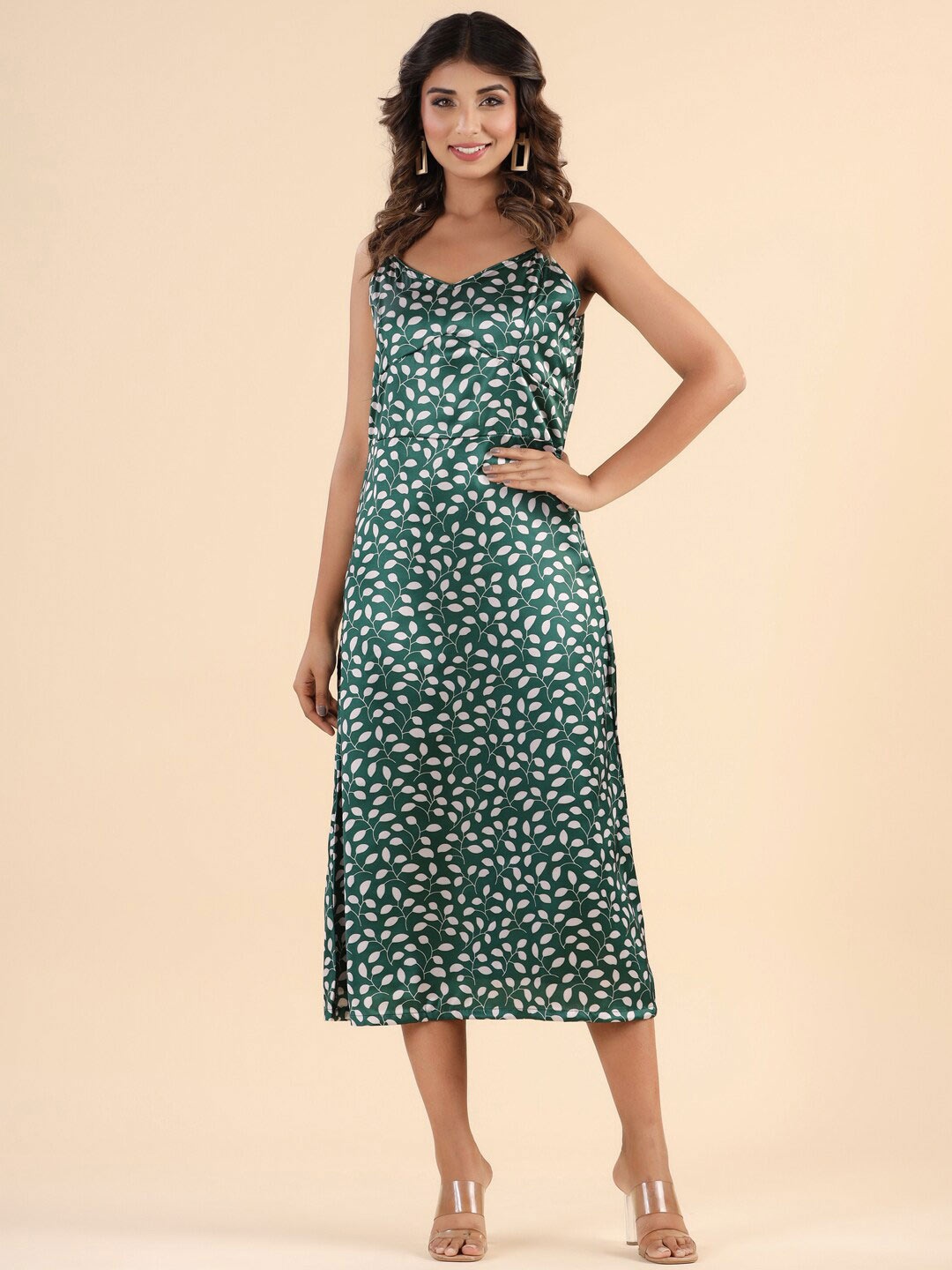 

JIRON Floral Printed Satin Slip Dress, Green