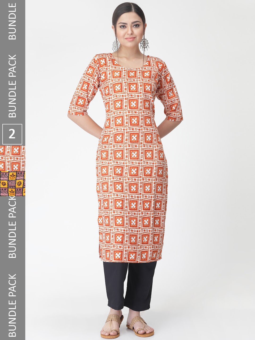 

7Threads Pack Of 2 Ethnic Motifs Printed Straight Kurta with Trousers, Orange