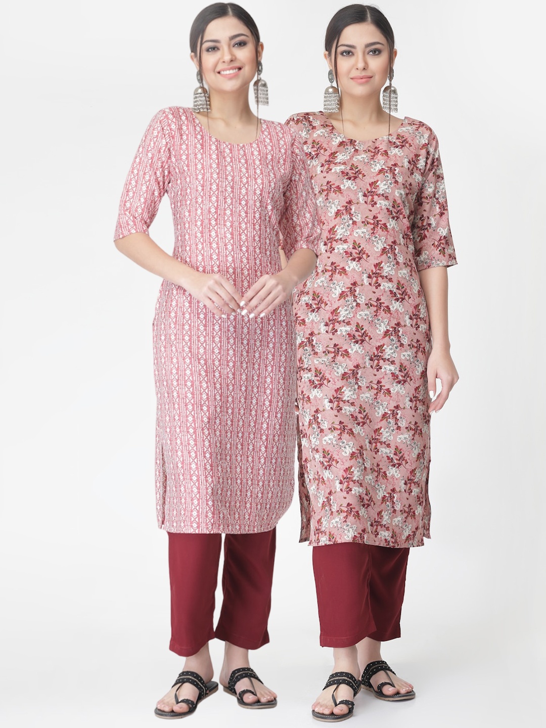 

KALINI Pack of 2 Floral Printed Regular Kurta with Trousers, Pink