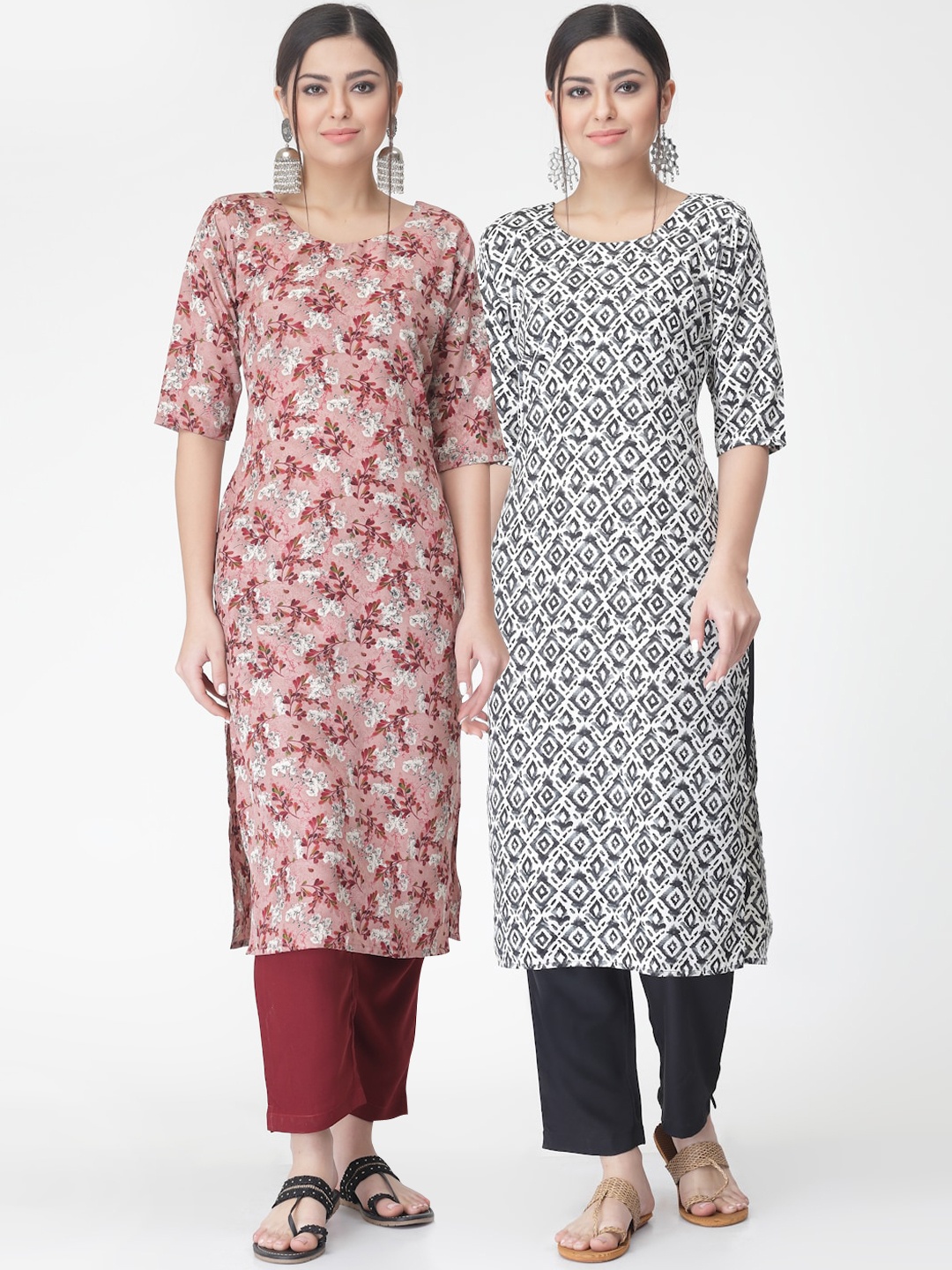 

KALINI Pack of 2 Floral Printed Regular Kurta with Trousers, Pink