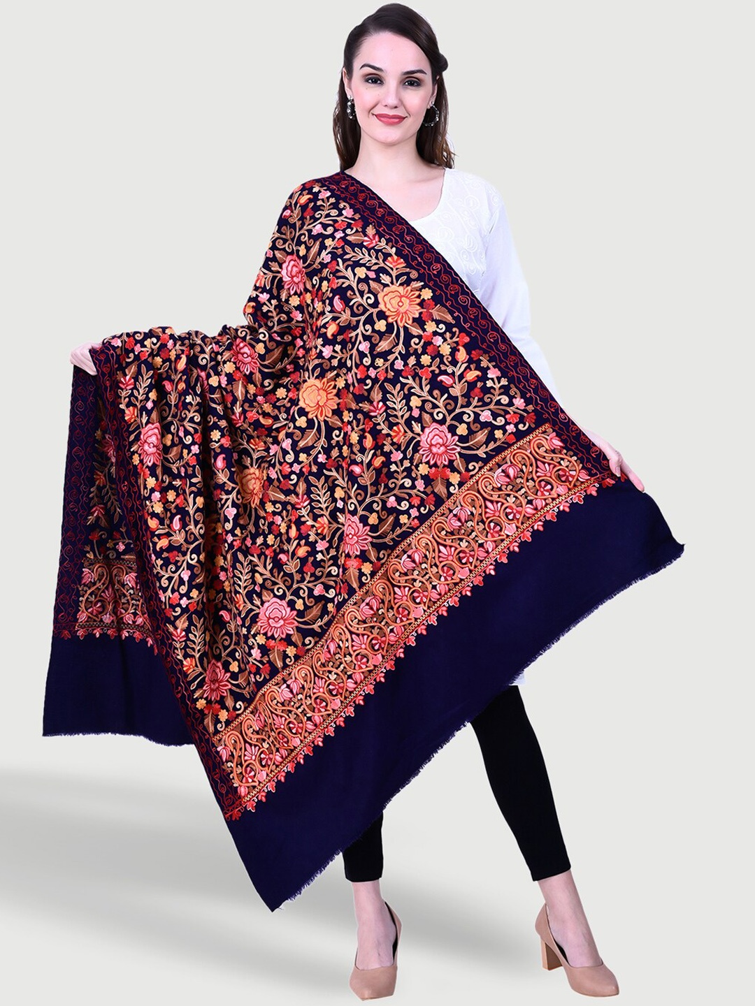 

SWI Stylish Aari Ethnic Motifs Embroidered Shawl, Navy blue