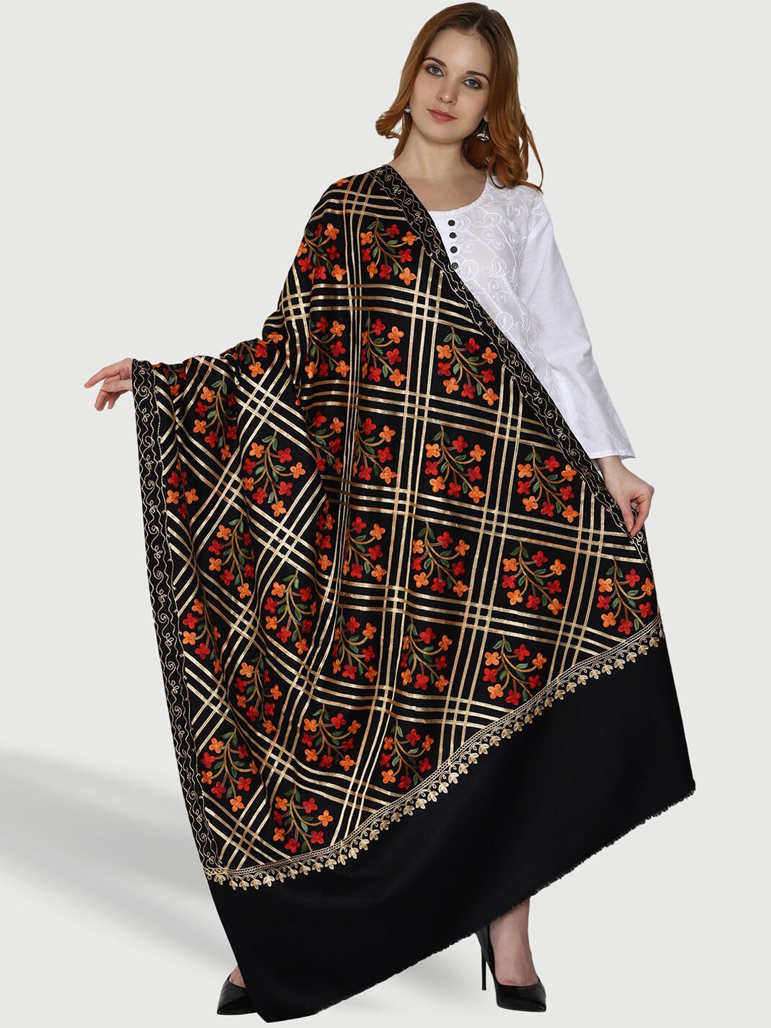

SWI Stylish Aari Floral Embroidered Shawl, Black