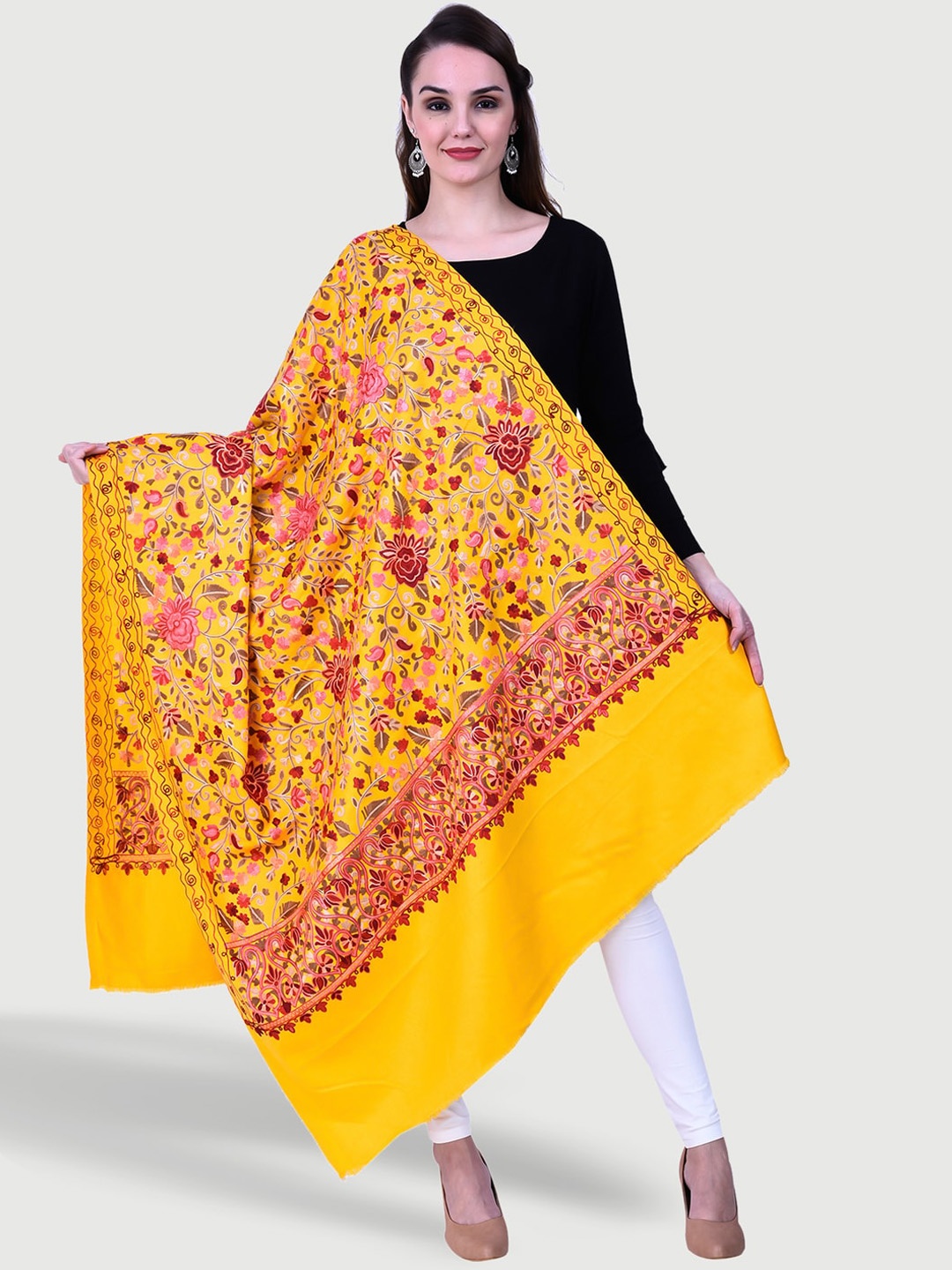 

SWI Stylish Ethnic Motif Aari Embroidered Shawl, Yellow
