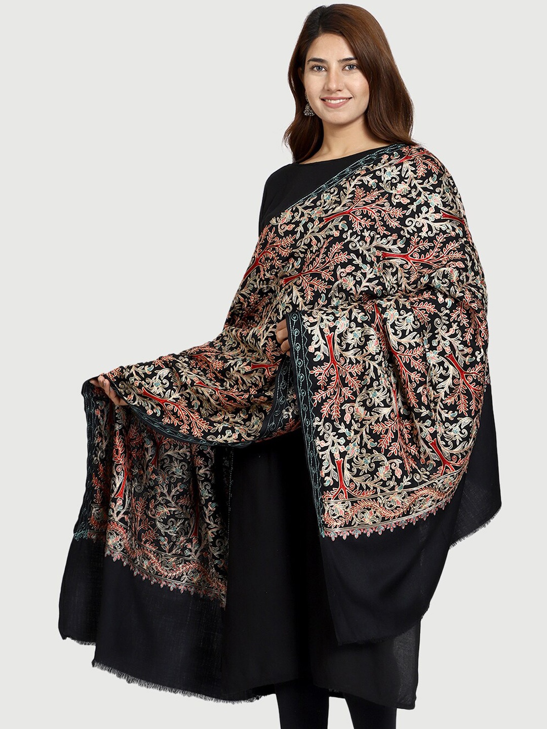 

SWI Stylish Women Ethnic Motifs Embroidered Shawl, Black