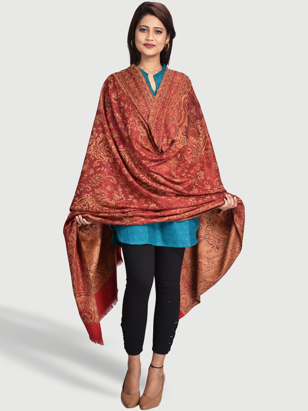 

SWI Stylish Women Paisley Motifs Woven Design Jamawar Shawl, Maroon