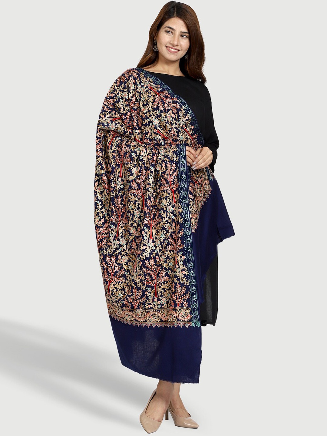 

SWI Stylish Women Floral Motifs Embroidered Shawl, Navy blue