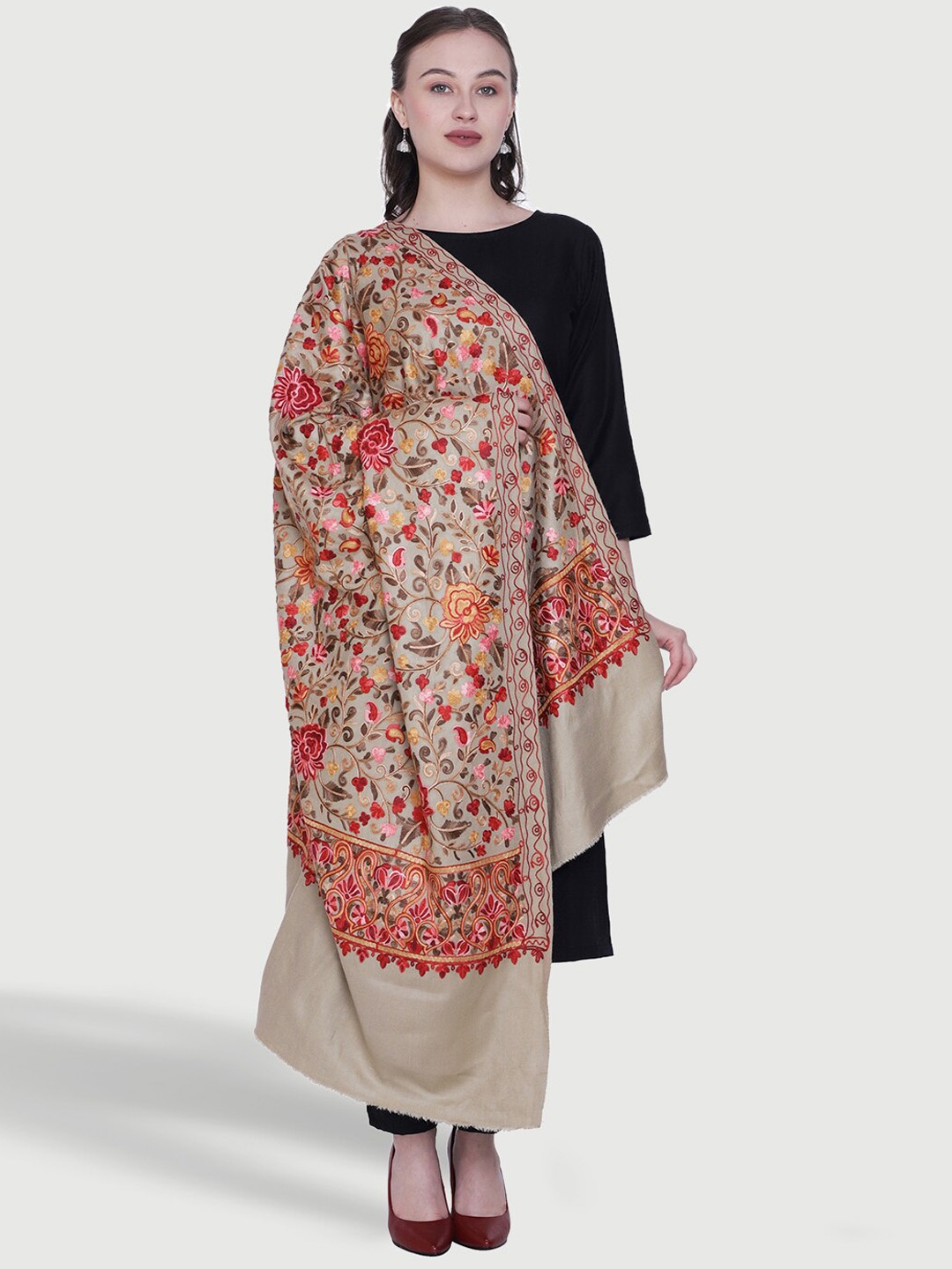 

SWI Stylish Floral Embroidered Shawl, Brown