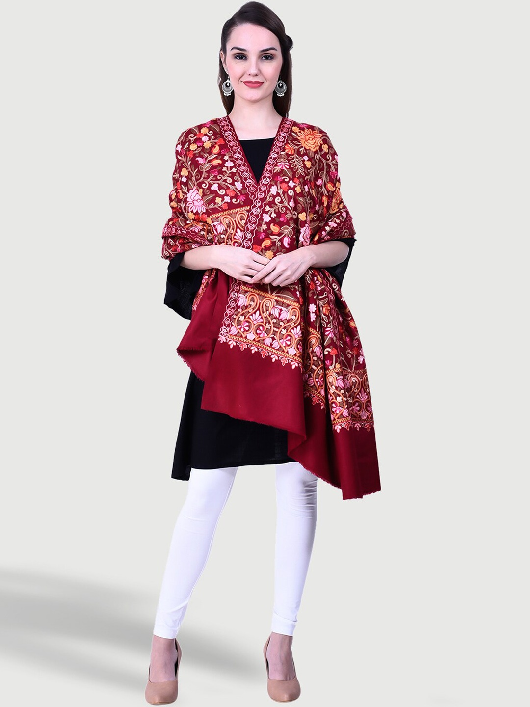 

SWI Stylish Women Floral Motifs Embroidered Shawl, Maroon