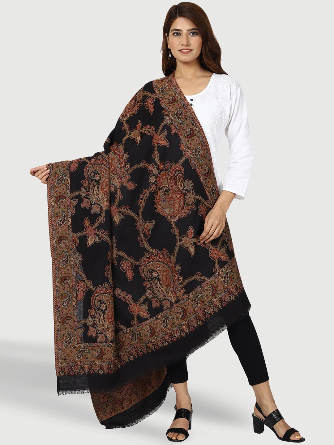 

SWI Stylish Women Paisley Motifs Woven Design Jamawar Shawl, Black