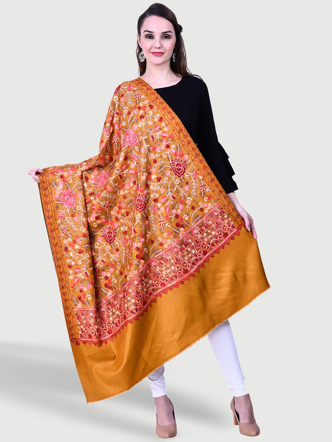 

SWI Stylish Ethnic Motif Aari Embroidered Shawl, Mustard