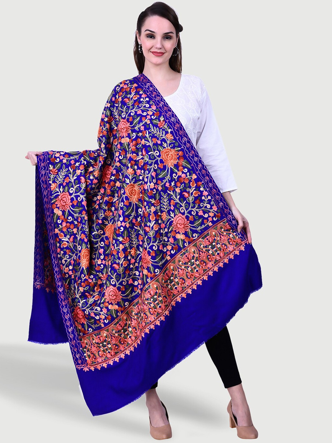 

SWI Stylish Ethnic Motif Aari Embroidered Shawl, Blue