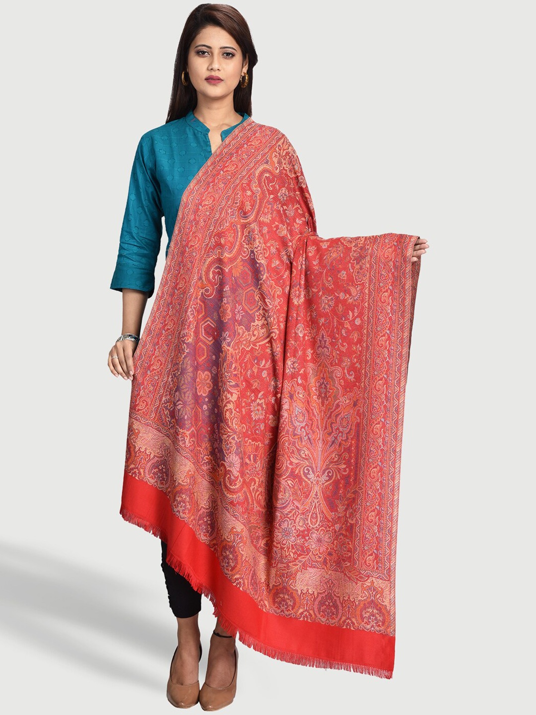 

SWI Stylish Ethnic Motif Woven Design Jamawar Shawl, Red