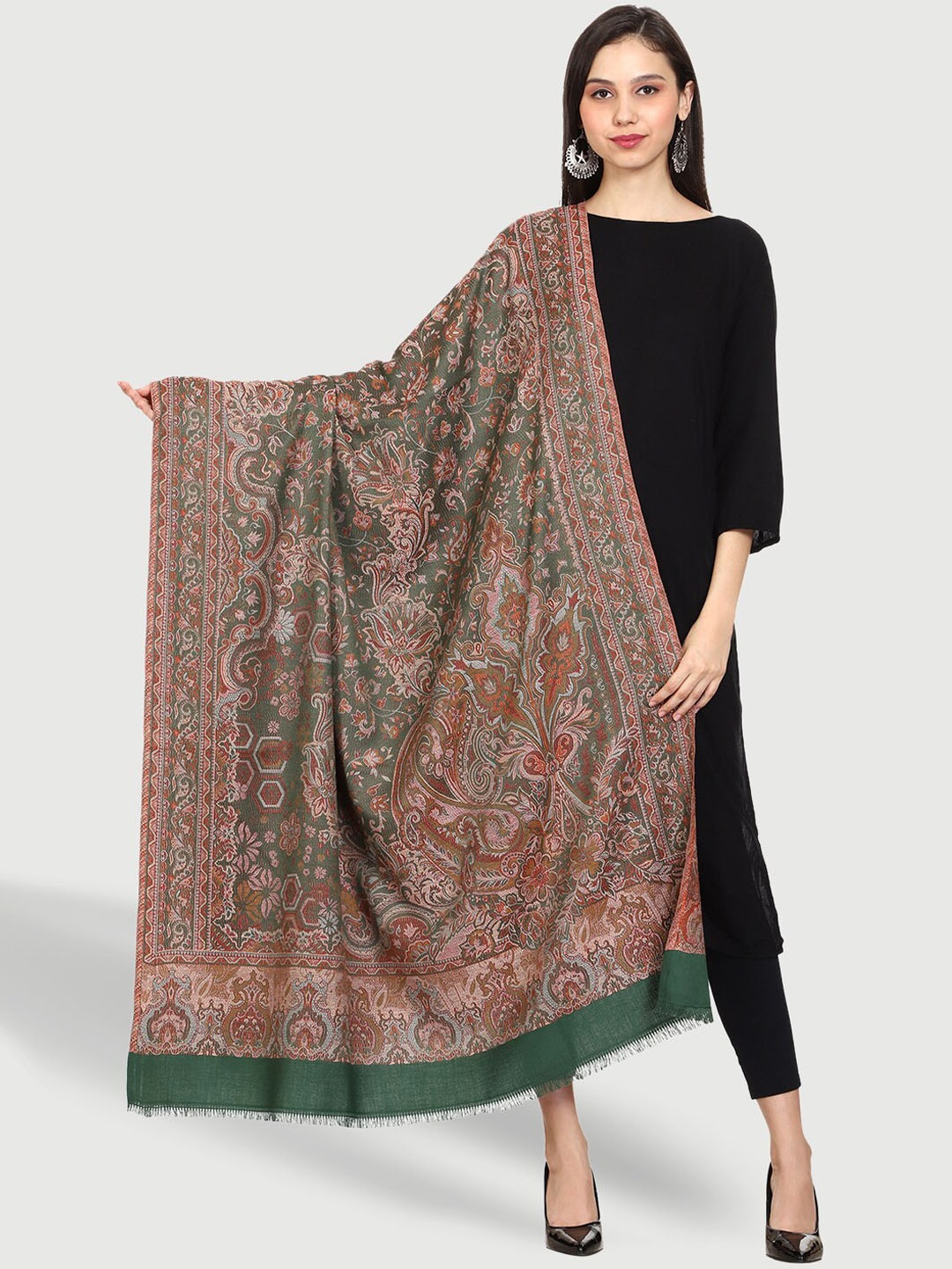 

SWI Stylish Ethnic Motifs Woven Design Wool Jamawar Shawl, Green