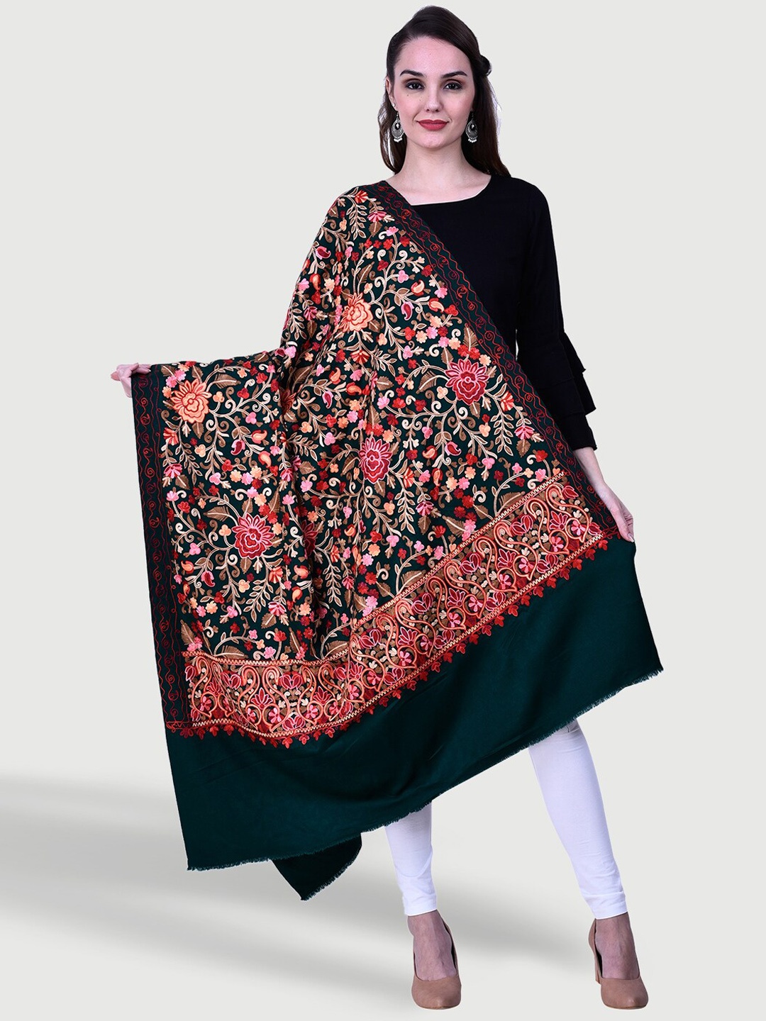 

SWI Stylish Floral Aari Embroidered Shawl, Green