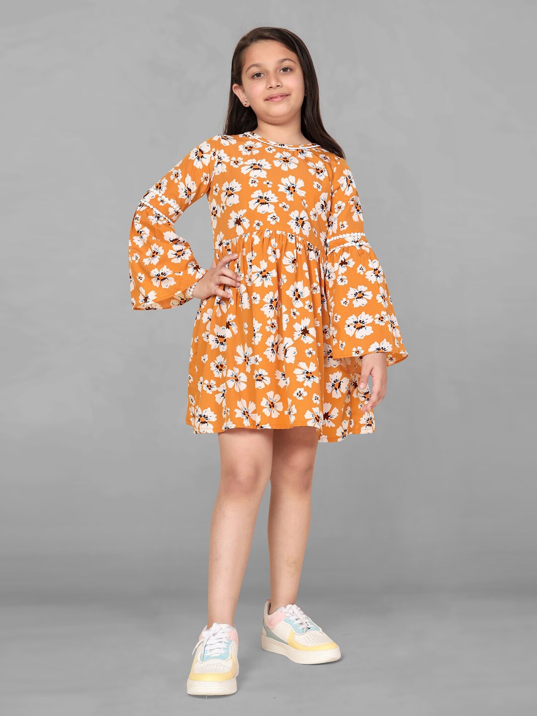 

FASHION DREAM Floral Printed Bell Sleeves Fit & Flare Dress, Mustard