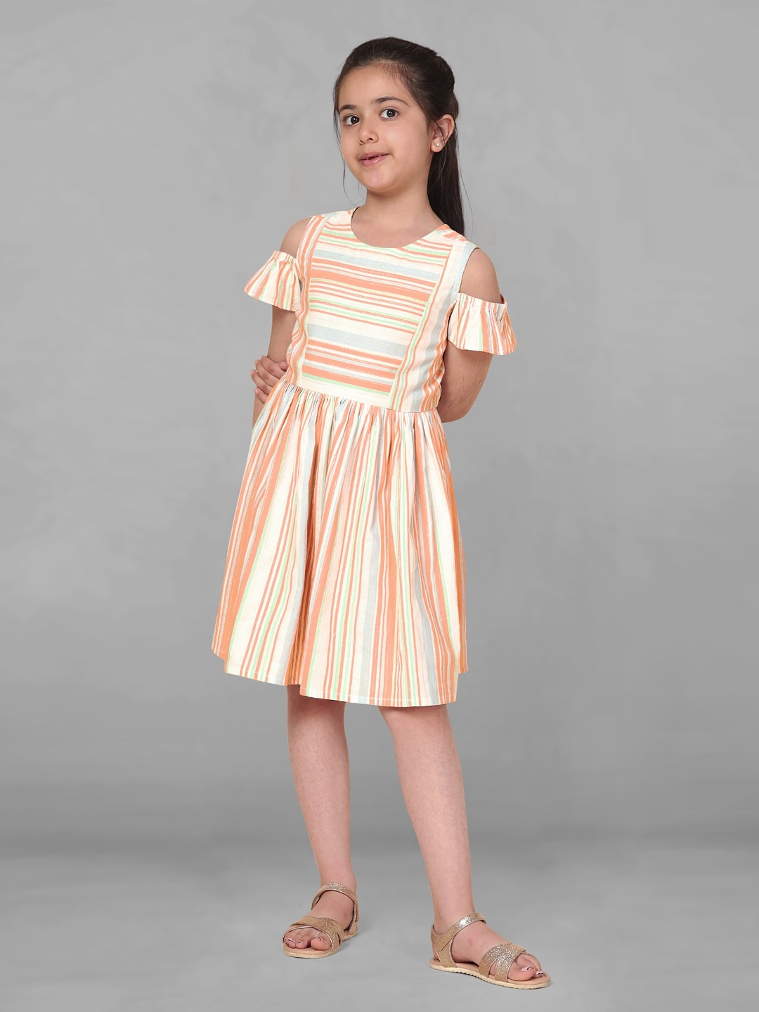 

FASHION DREAM Striped Cold-Shoulder Fit & Flare Dress, Orange