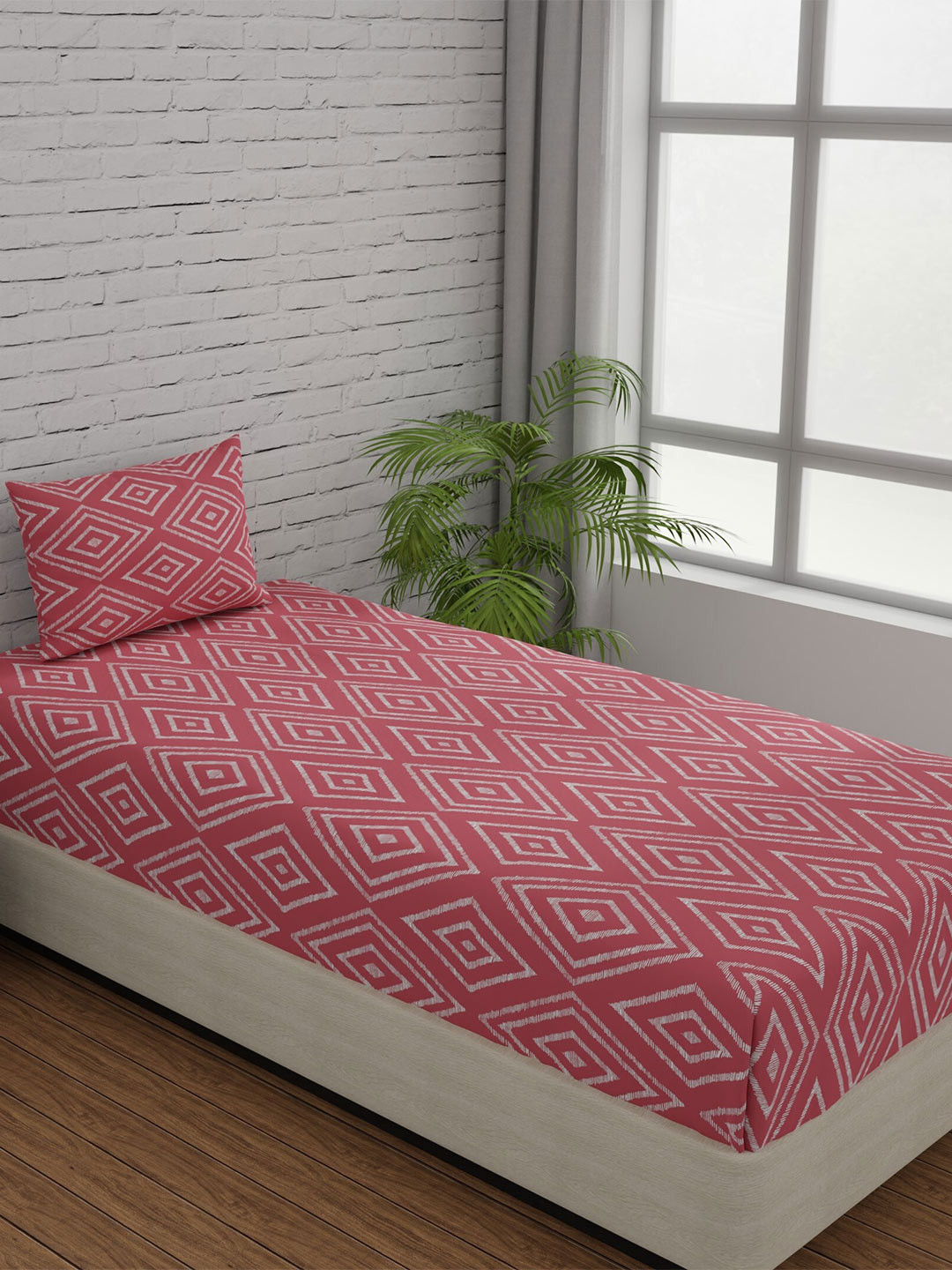 

Huesland Comfort Peach & White Geometric 144 TC Cotton Single Bedsheet &1 Pillow Cover