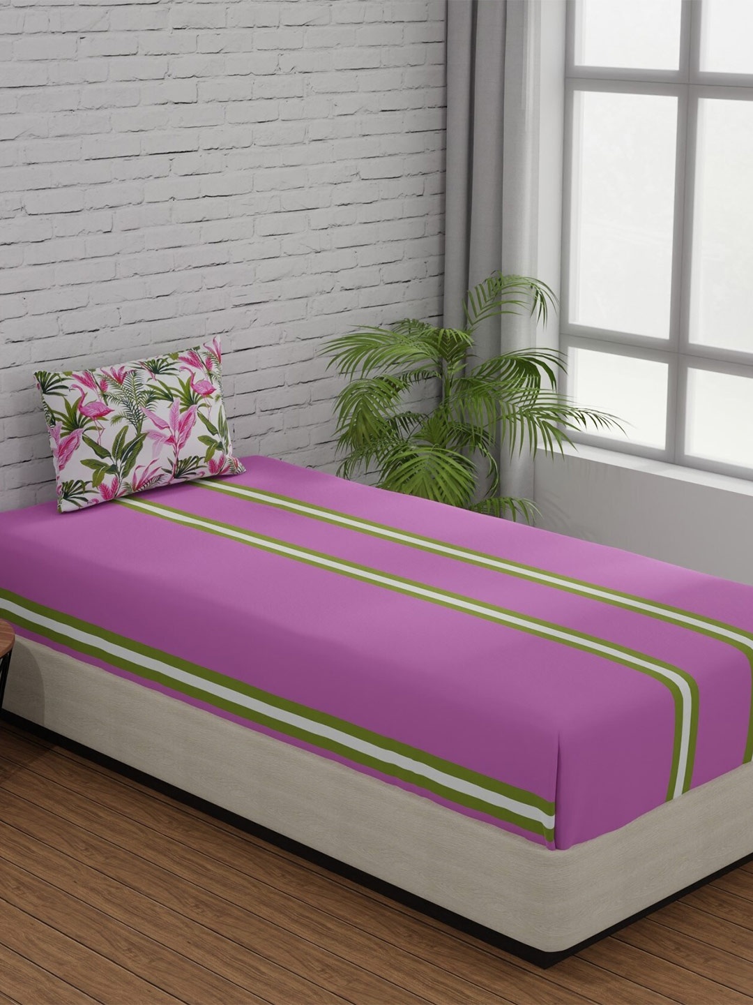 

Huesland Comfort Pink & Green Striped 144 TC Cotton Single Bedsheet With 1 Pillow Cover