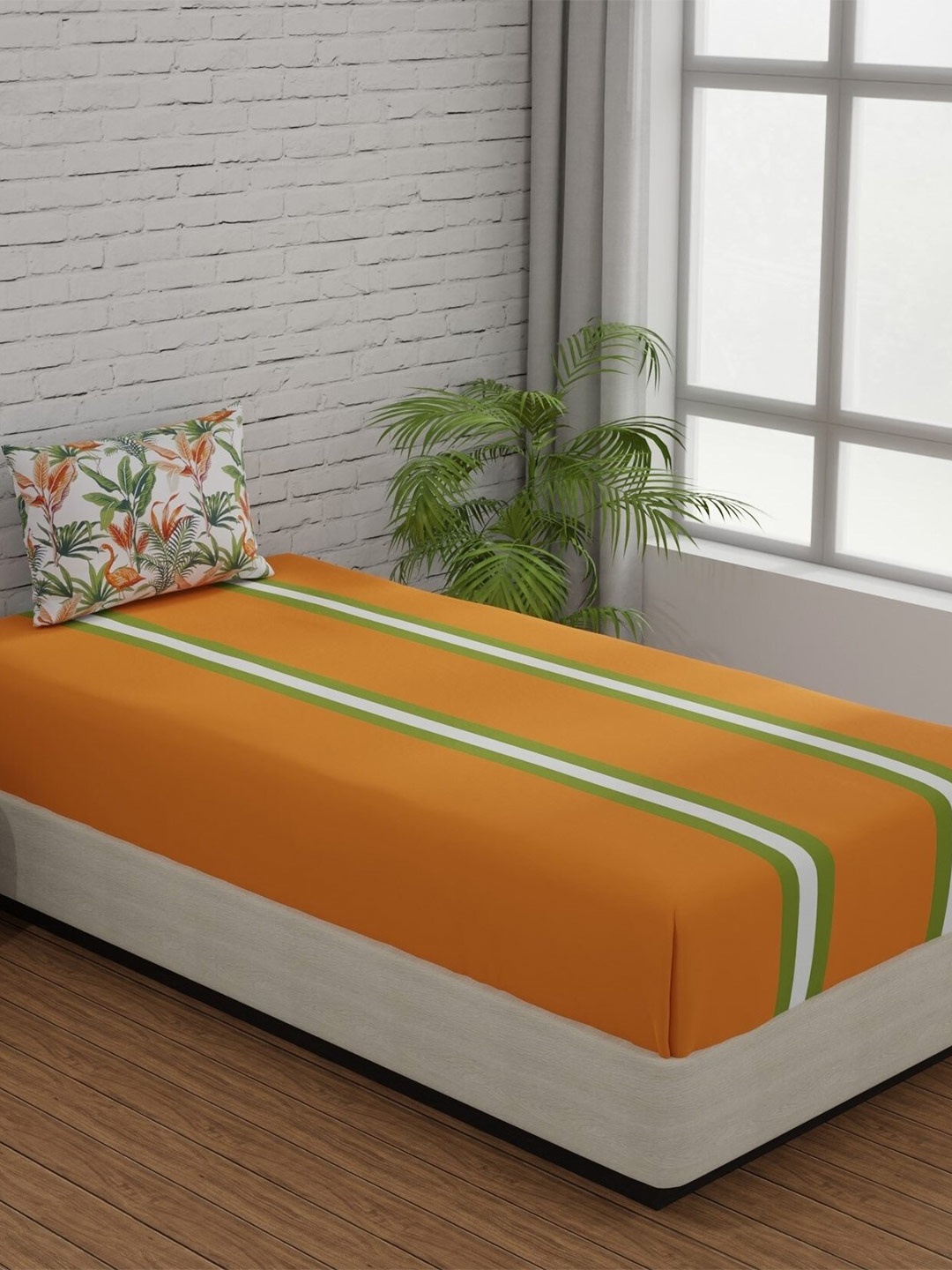 

Huesland Comfort Orange & Green Striped 144 TC Cotton Single Bedsheet & 1 Pillow Cover