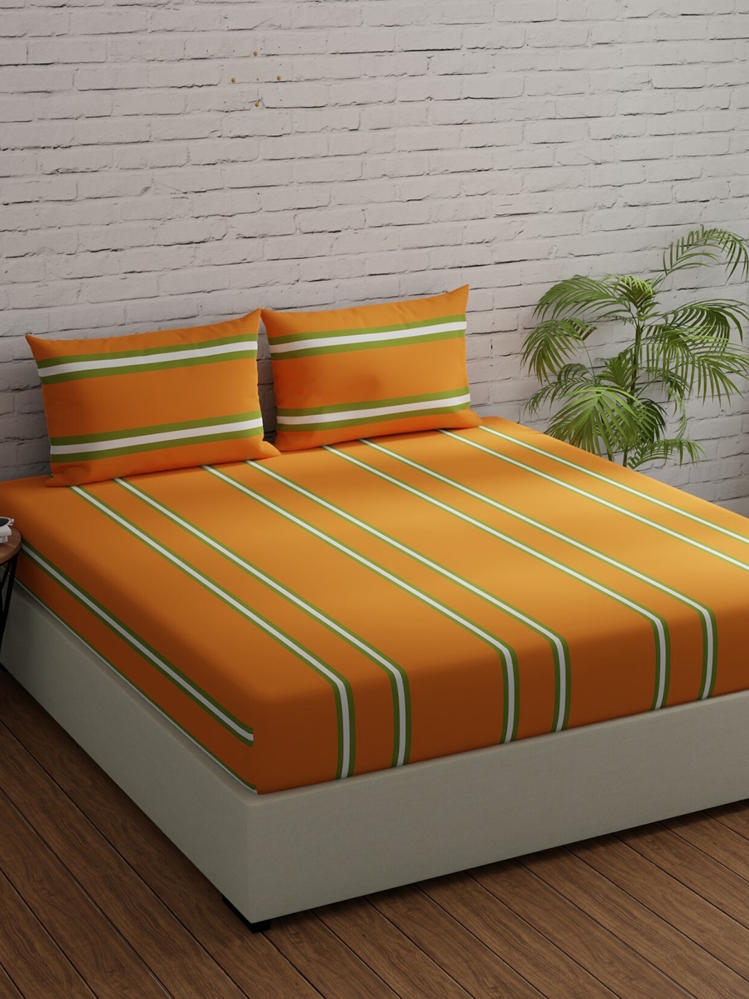 

Huesland Comfort Orange & White Striped 144 TC Cotton King Bedsheet & 2 Pillow Covers