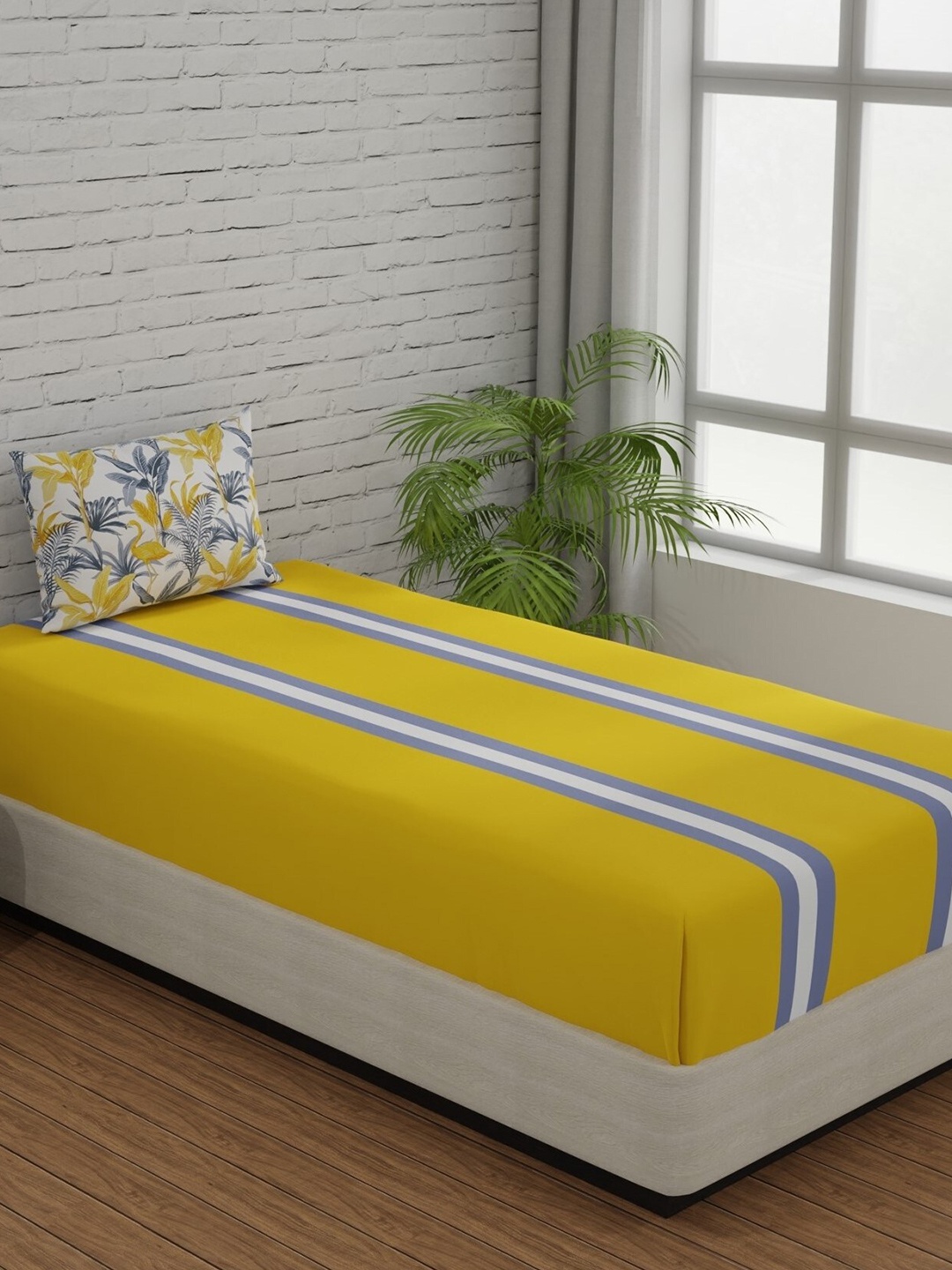 

Huesland Comfort Yellow & Grey Striped 144 TC Cotton Single Bedsheet & 1 Pillow Cover