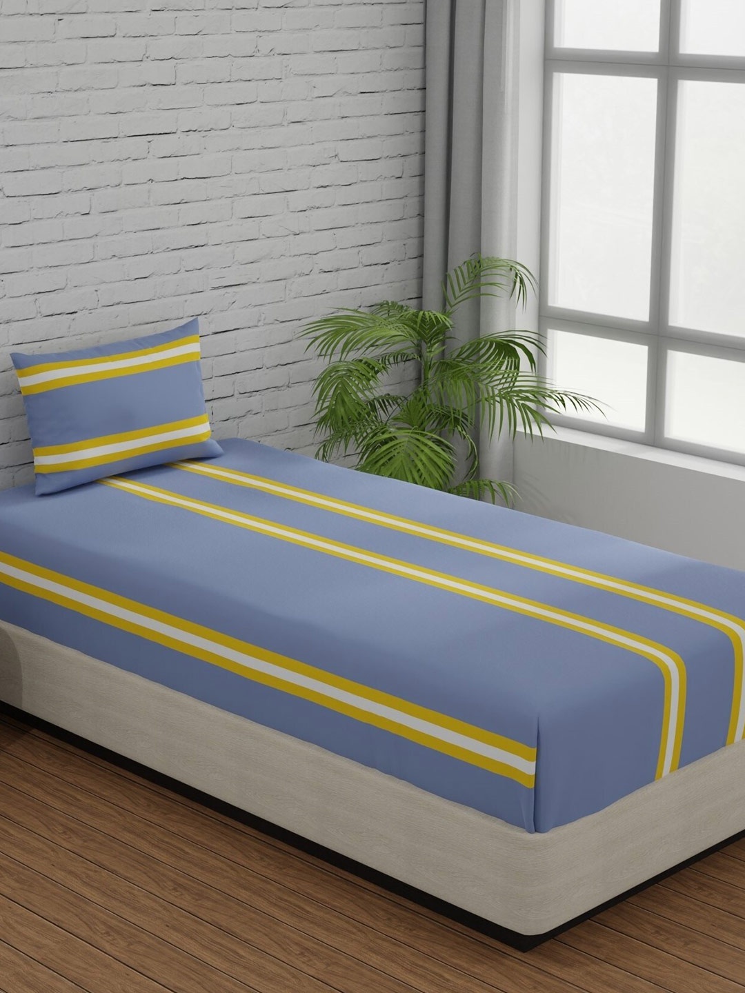 

Huesland Comfort Blue & Grey Striped 144 TC Cotton Single Bedsheet & 1 Pillow Cover