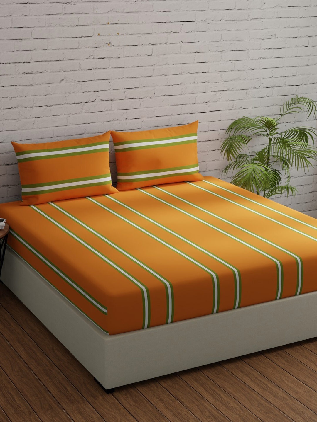 

Huesland Comfort Orange & Green Striped 144 TC Cotton Queen Bedsheet & 2 Pillow Covers