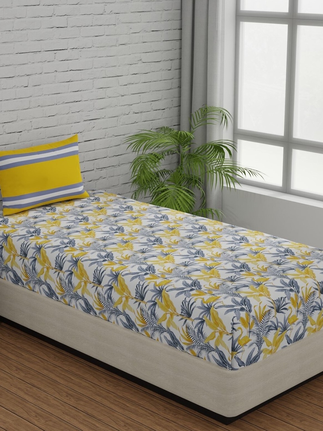 

Huesland Comfort White & Yellow Printed 144 TC Cotton Single Bedsheet & 1 Pillow Cover