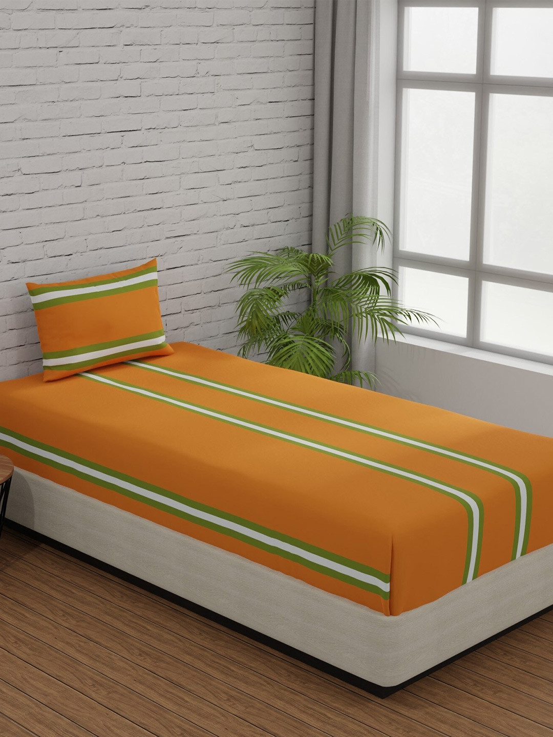 

Huesland Comfort Orange & Green Striped 144 TC Cotton Single Bedsheet & 1 Pillow Cover